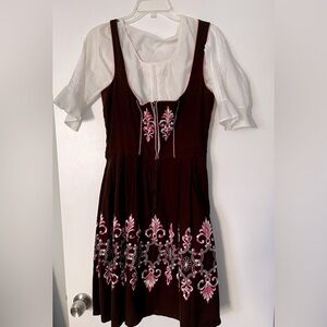 Vintage Bavarian Octoberfest DRINDL. Brown and Pink Embroidered Dress